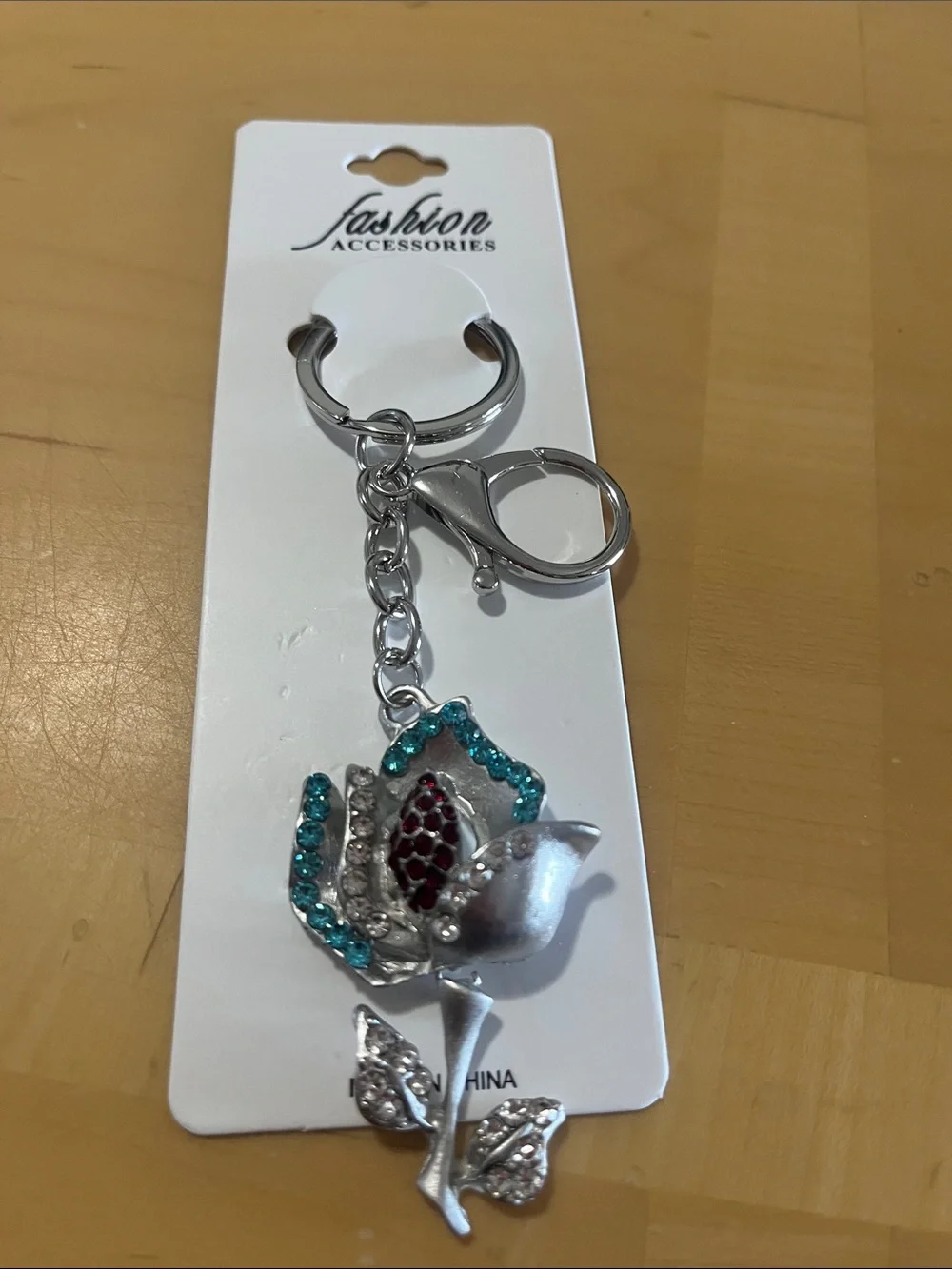 Silver Rose Keychain with Turquoise & Red Accents